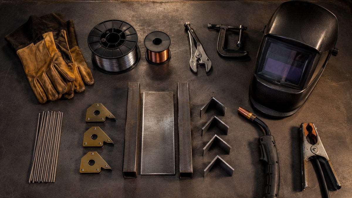 Welding tools and equipment laid out on a workshop bench